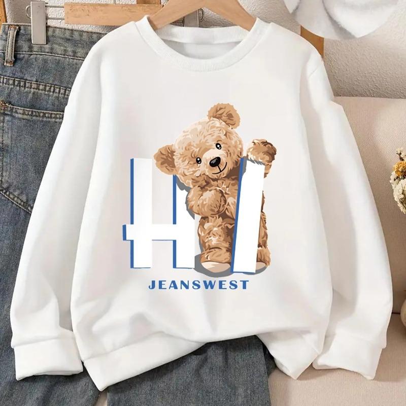 Kids Crewneck Long Sleeve Pullover Sweatshirt, Teddy Bear Holding Hi Sign Graphic Print