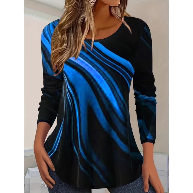 Large Abstract Print Casual Round Neck Long Sleeved T-shirt for Women's Plus Size Clothing