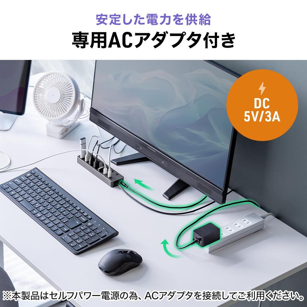 Sanwa Direct USB 7 Ports X 5 X USB Individual USB AC Adapter Hub, Type-C Connection, (2 USB-C / USB-A), Self-Powered Charger, Switches, 3.2/5Gbps,