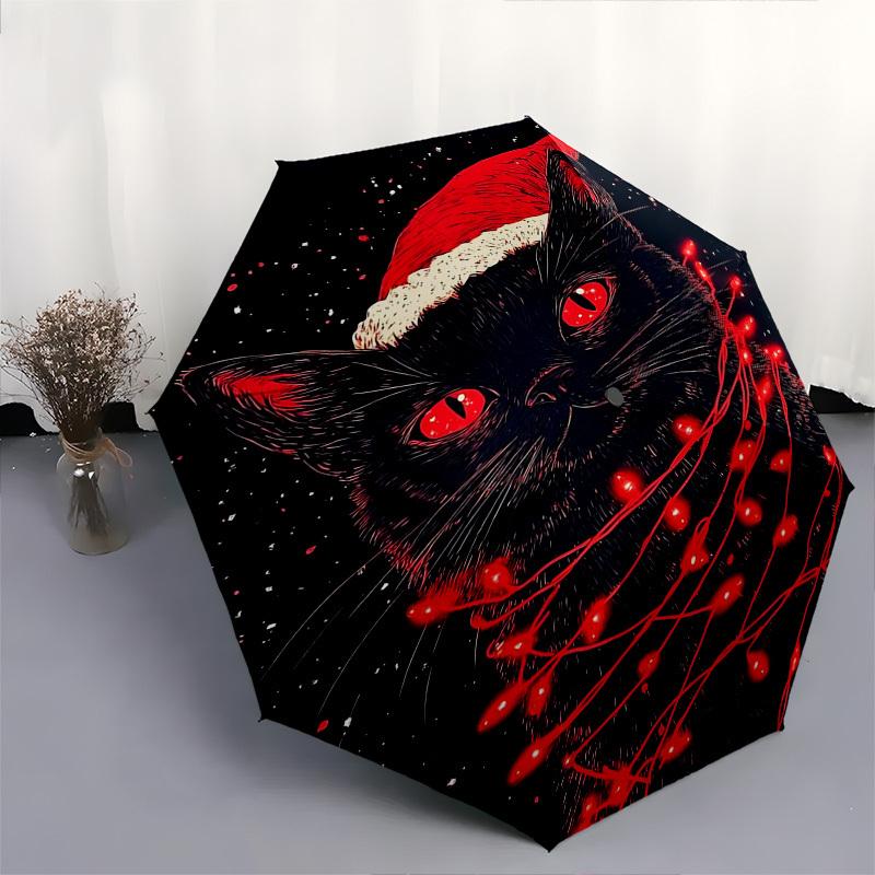 1pc Christmas Cat with Santa Hat & Red Lights Automatic Opening/Closing Umbrella, Portable 3-Fold Design, 8-Bone Iron Frame Outdoor Umbrella, Festive
