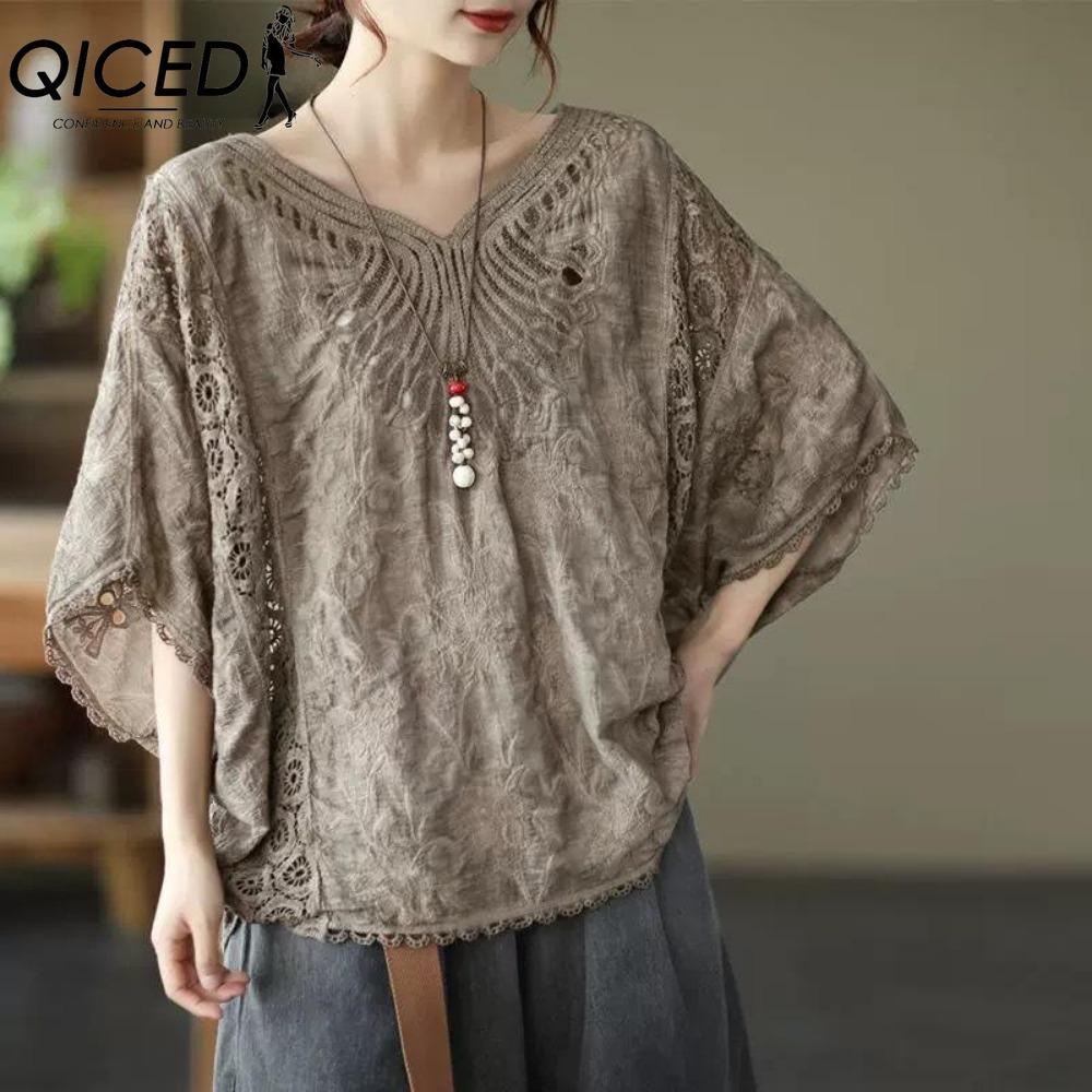 QICED Mote Dame Casual Ensfarget Trykk Kort Erm O-hals Bluser & Skjorter