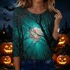Women’s Casual Halloween Printed Crew Neck Three Quarter Sleeve T Shirt with House Pumpkin and Bat Design for Holiday Wear