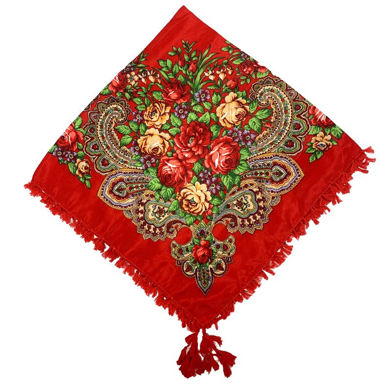 90*90cm Short Tassel Floral Print Russian Square Scarf Women Luxury Flower Printed Bandana Shawl Ukrainian Babushka Head Wraps