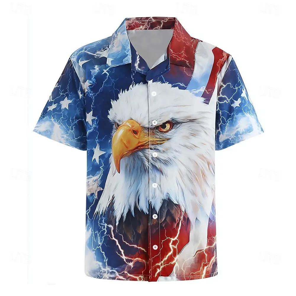 

Eagle Flag Pattern Printed Men s Summer Short Sleeved Men s Casual Street Fashion Lapel Shirt Top S