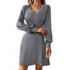 Frauen Herbst Winter V-ausschnitt Puff Ärmel Einfarbig EINE Linie Warme Hohe Taille Kleid S-XL