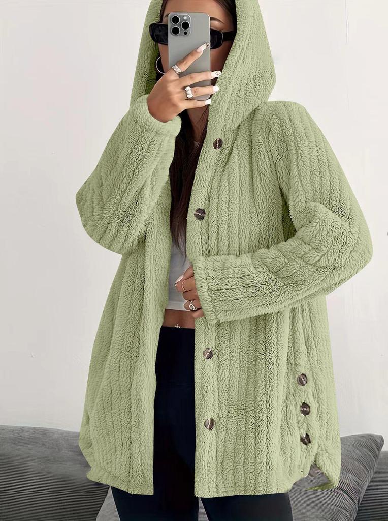 Cappotto di Peluche Morbido da Donna Autunno/Inverno 2025 Europa, Colore Unito, Manica Lunga, con Cappuccio, Vestibilità Larga