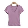 T-Shirt mit tiefem V-Ausschnitt, schulterfrei, kurzärmelig, Damen Sommer Neu, Amerikanischer Spice Girl Stil, einfarbig, figurbetont und dünn, Unterzieb-Top