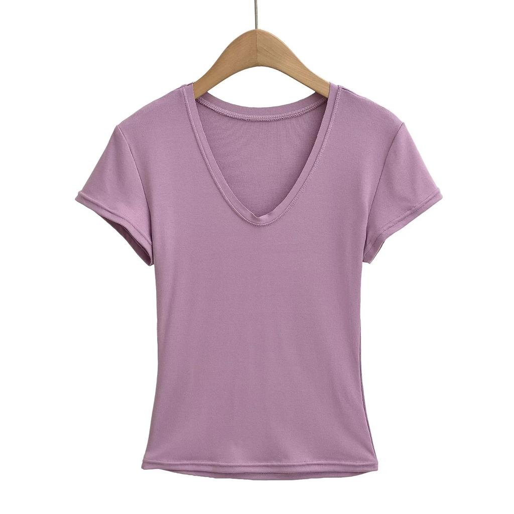 T-Shirt mit tiefem V-Ausschnitt, schulterfrei, kurzärmelig, Damen Sommer Neu, Amerikanischer Spice Girl Stil, einfarbig, figurbetont und dünn, Unterzieb-Top