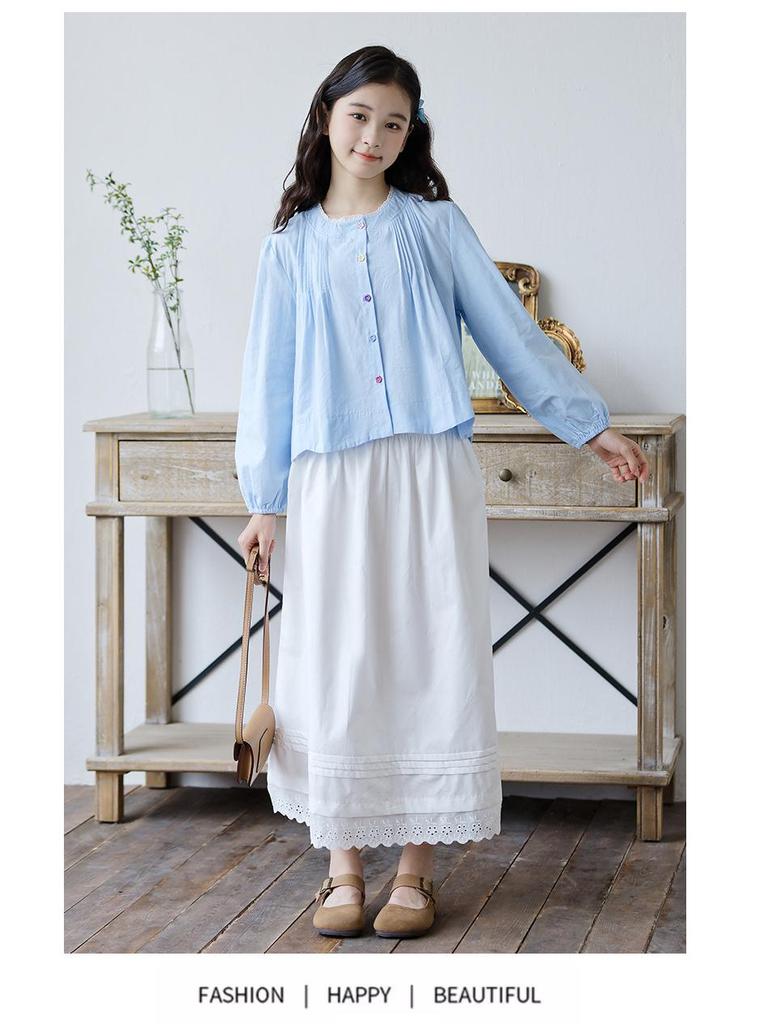 Girls' Autumn Lace Two-Piece Set: Long-Sleeve Top and Skirt for Children
