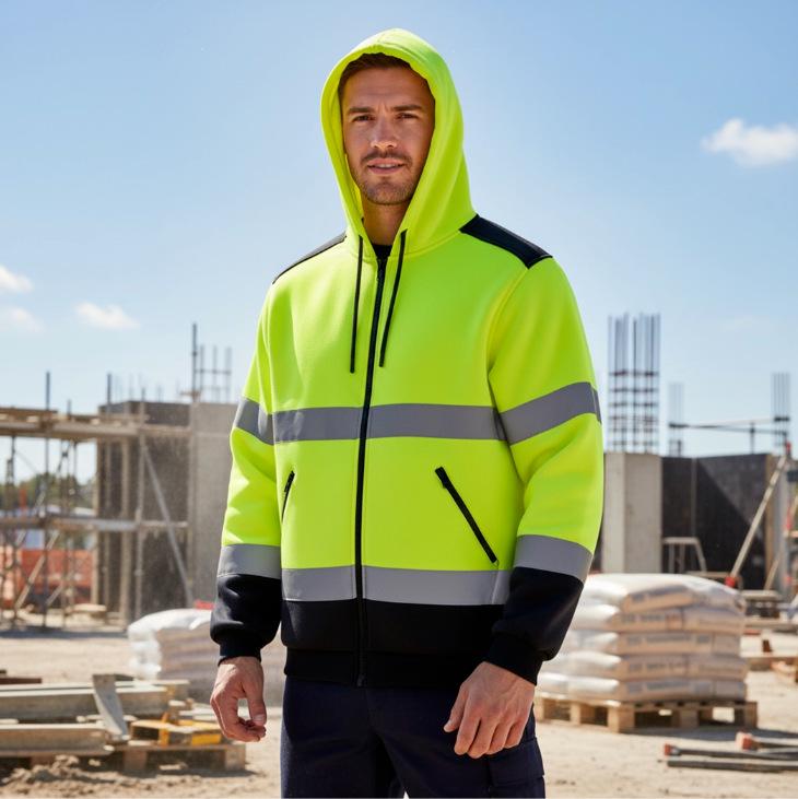 High-Visibility Reflective Hooded Jacket with Fluorescent Panels for Night Safety