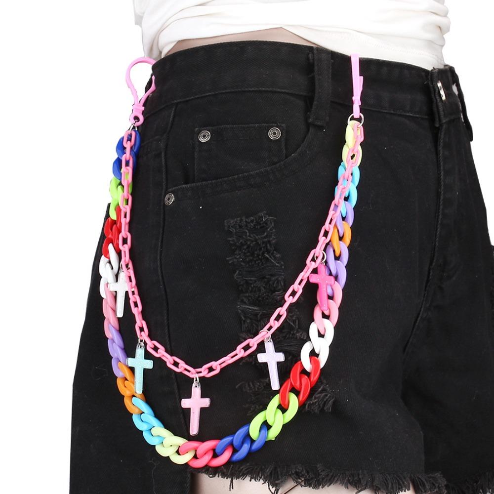 Double Layer Star Belt Chain Rainbow Cross Pants Chain Punk Heart Waist Chain  Jeans Decor
