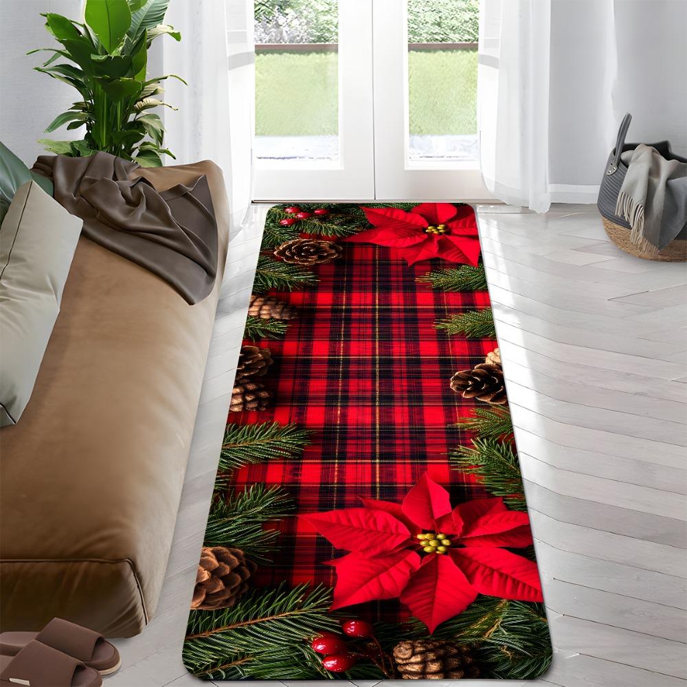 Christmas Poinsettia Carpet Mat Rug - Red Black Plaid Design Home Decoration with Merry Christmas Banner Living Room Decoration