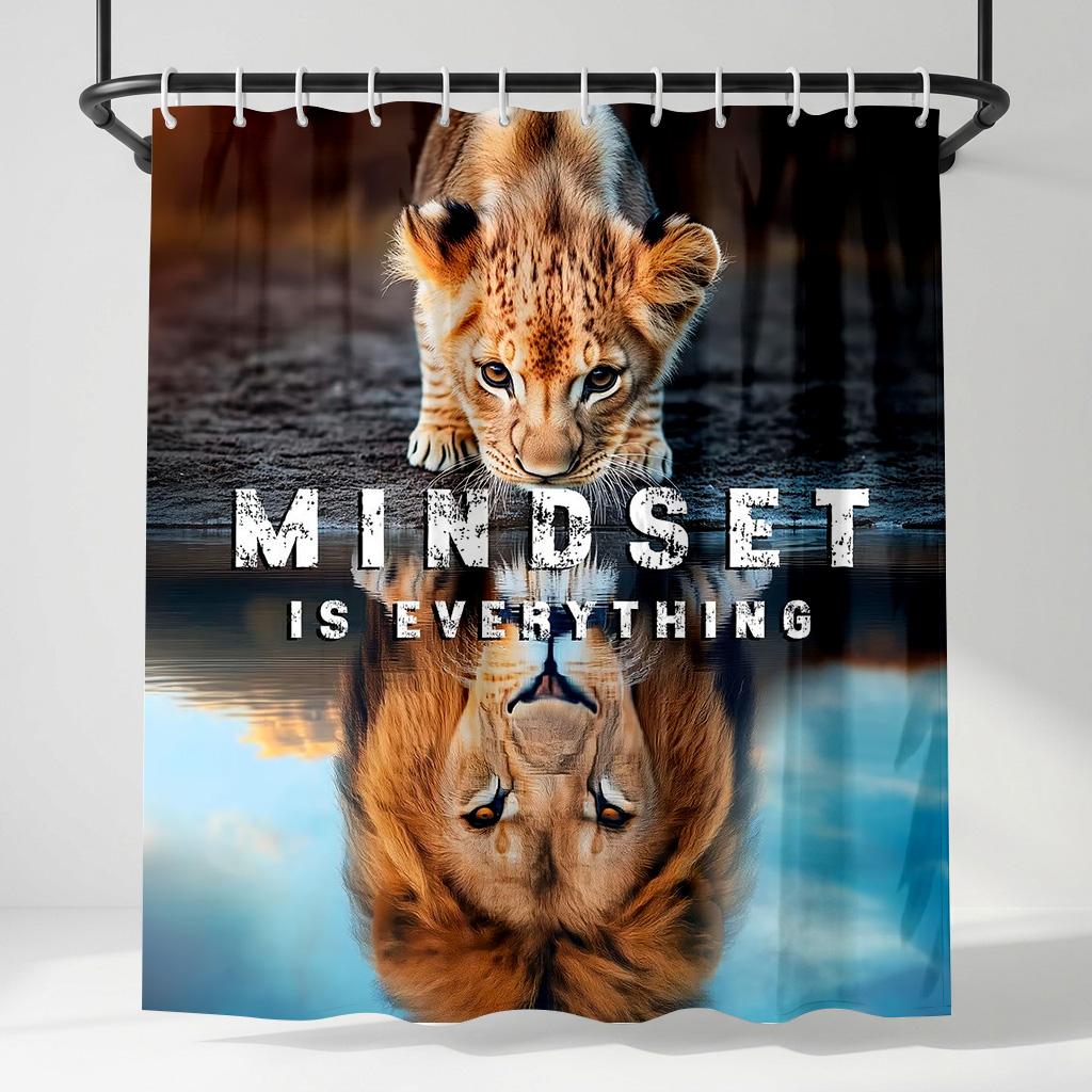 Mindset Is Everything Lion Shower Curtain, Motivational Lion Cub Reflection Bathroom Decor, Inspiring Animal Fabric Curtain W60H190(CM)-1 Pcs