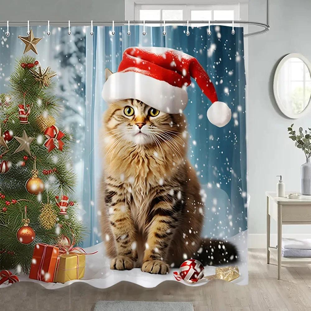 Cute Christmas Cats Shower Curtain Winter Xmas Tree Balls Gift Funny Animal Dog New Year Bathroom Curtains Fabric Home Decor Set