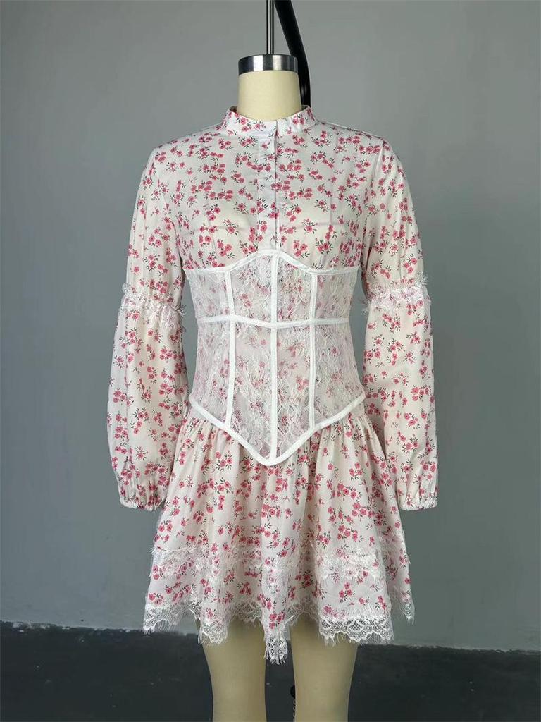 2024 Summer Sweet Print Waist-Cinching Long-Sleeve Lace Dress for Women