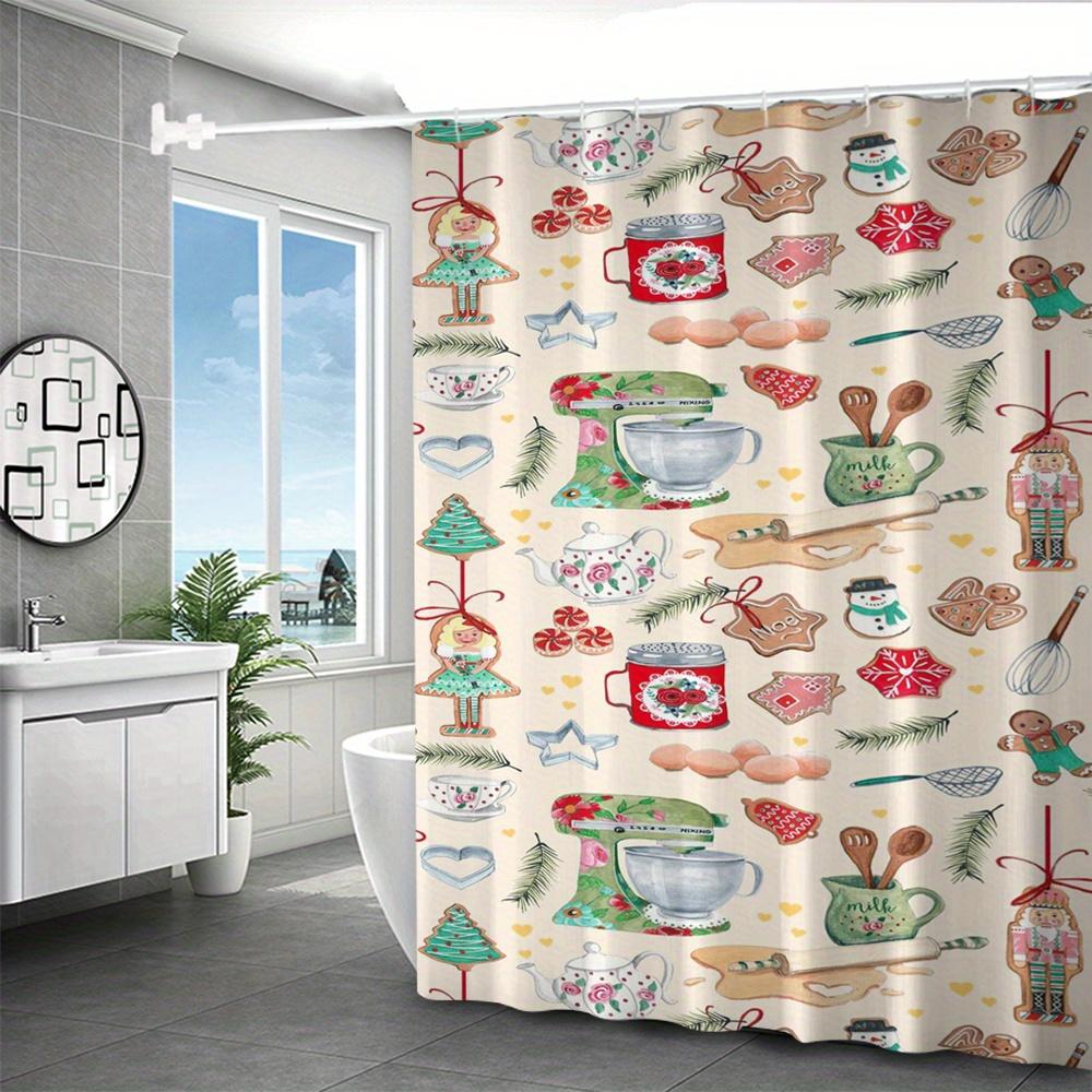 Christmas Digital Print Shower Curtain, Machine Washable, Cartoon Animal Pattern, All-Season Holiday Decor