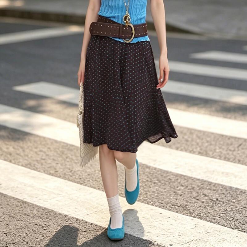 Bailuyu Polka Dot A-Line Midi Skirt XL