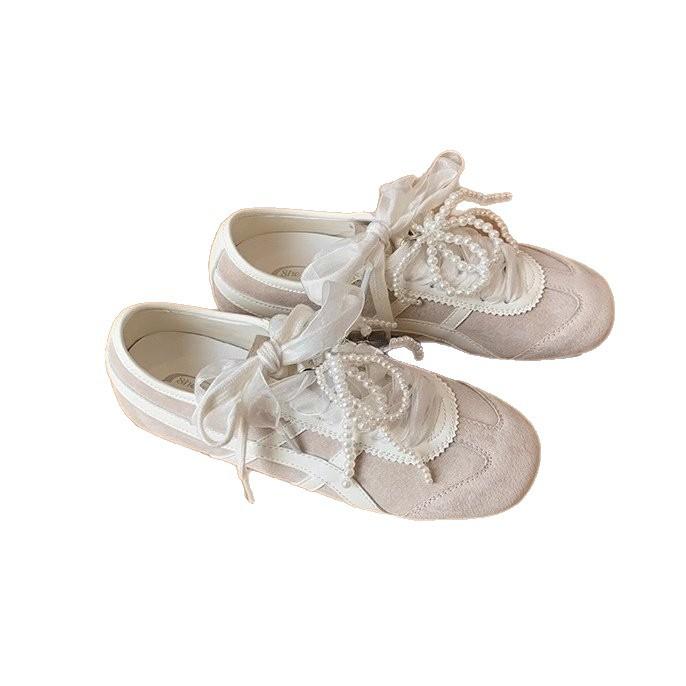 [Armano] Lace Pearl Lace-up Dopamine Agund Training Shoes Women's Ballet Soft-soled Sports and Leisure Shoes