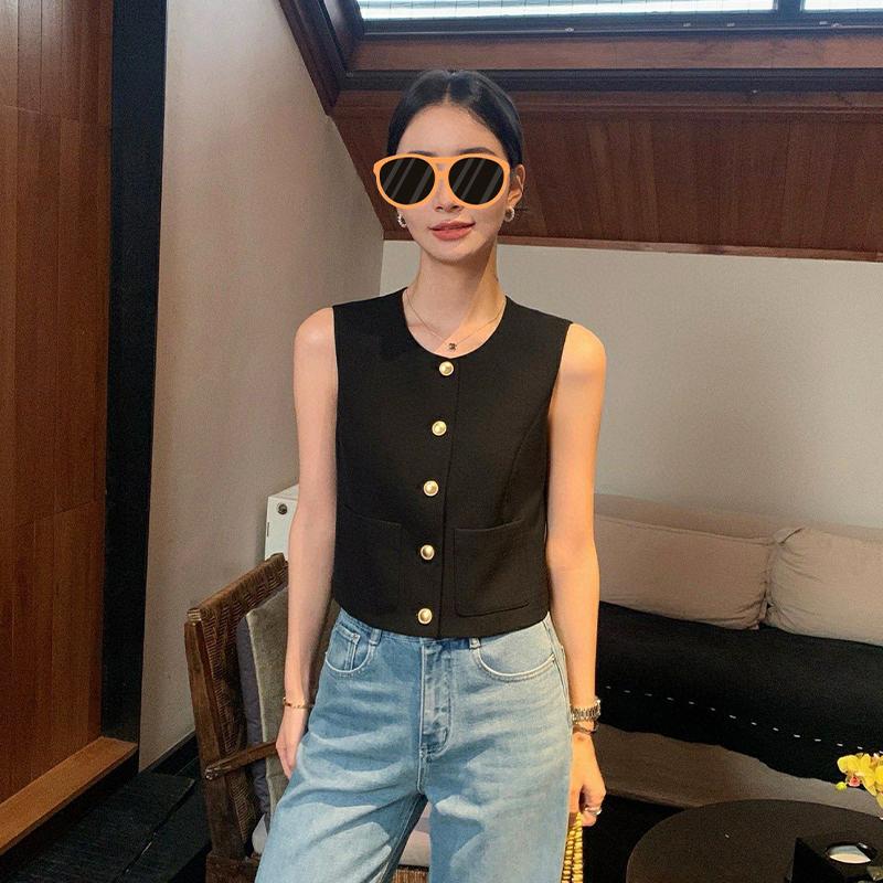 Dames fransk rund hals enkeltspent dobbel lomme ermeløs avslappet strikket vest