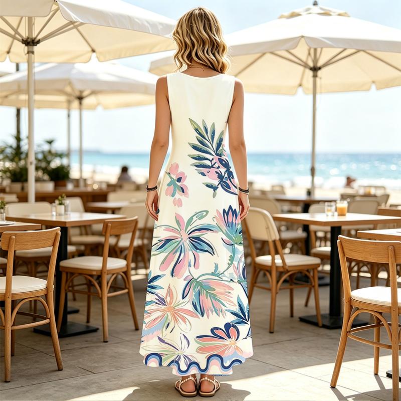Sleeveless Fresh Floral A-Line Maxi Dress Soft Flowy Fabric,Elegant for Daily Casual & Vacation