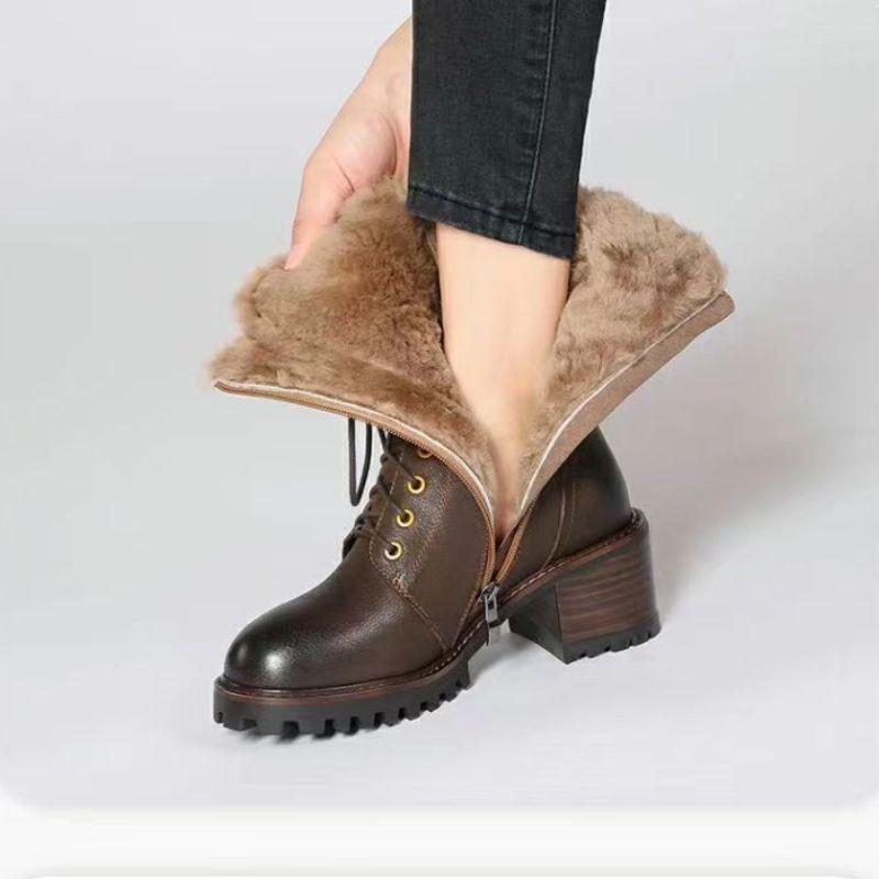 Autumn Winter Fleece-Lined Lace-up Ladies Mid Calf Shoes Warm Round Toe Middle Heel Women's Half High Boots  New In Footwear