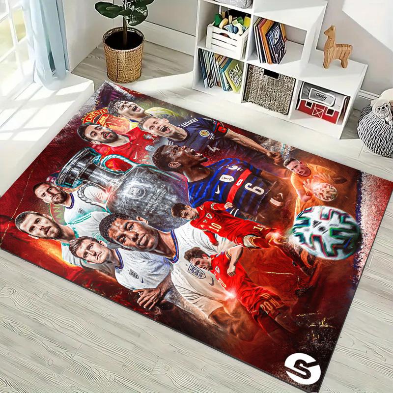 European Football Stars Collage With Champion Trophy Area Rug Non Slip Floor Carpet Soccer Fan Home Decor Mat