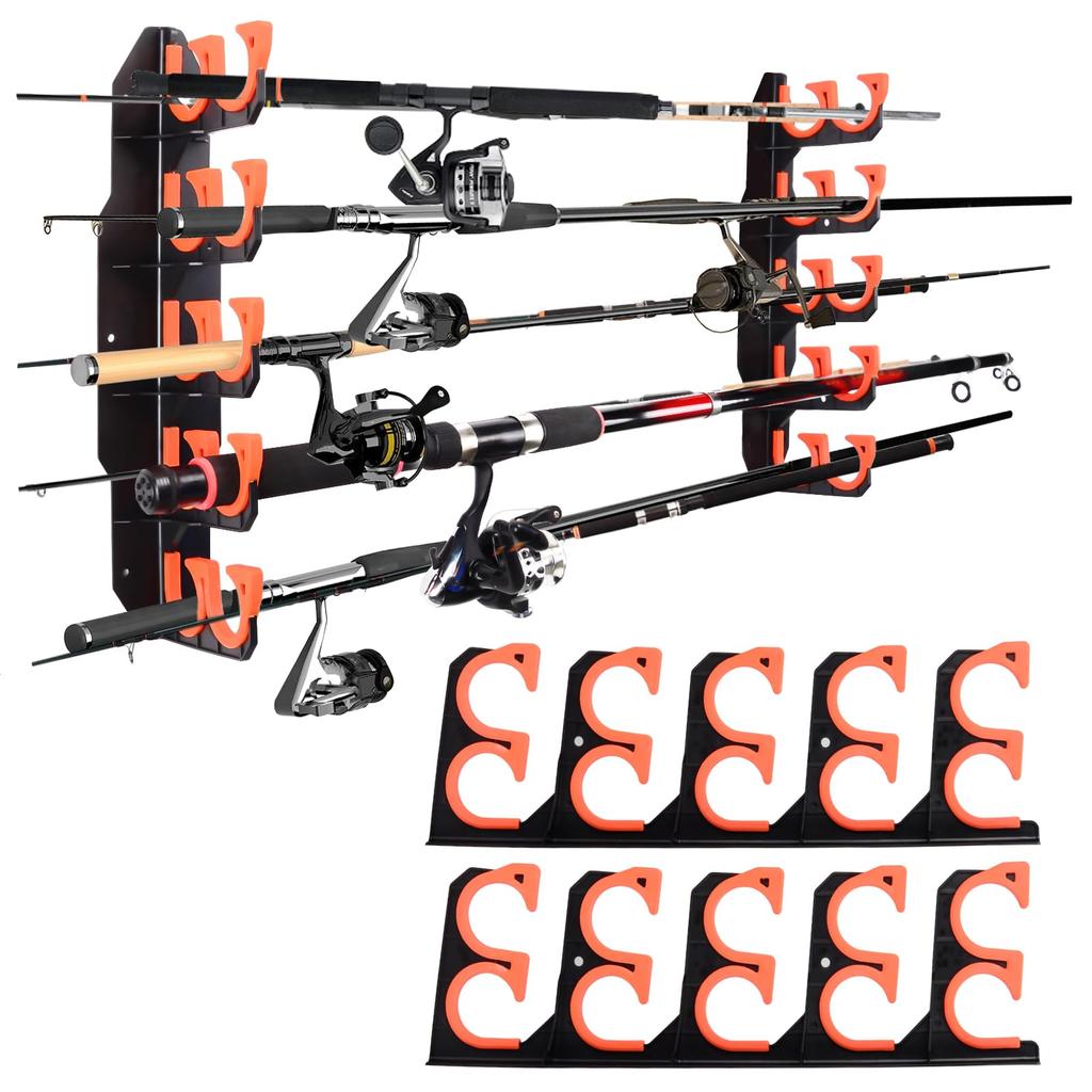 Hikeen 10-Piece Wall-Mounted Fishing Rod Rack, Garage Fishing Rod Holder, Fishing Gear Storage Organizer, Gift for Men, Birthday Gift