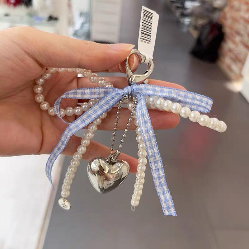 Y2K Sweet Lattice Ribbon Bowknot Pearls Bag Pendant Keychain Charm Heart Beaded Keyring Elegant Key Chain Phone Key Bag Hangings