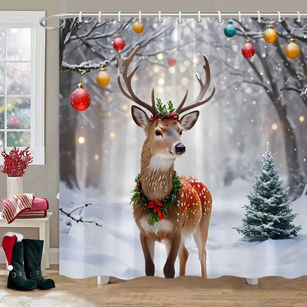 Winter Snow Forest Deer Shower Curtain Christmas Nature Landscape Christmas Gift Polyester Fabric Shower Curtains Bathroom Dec