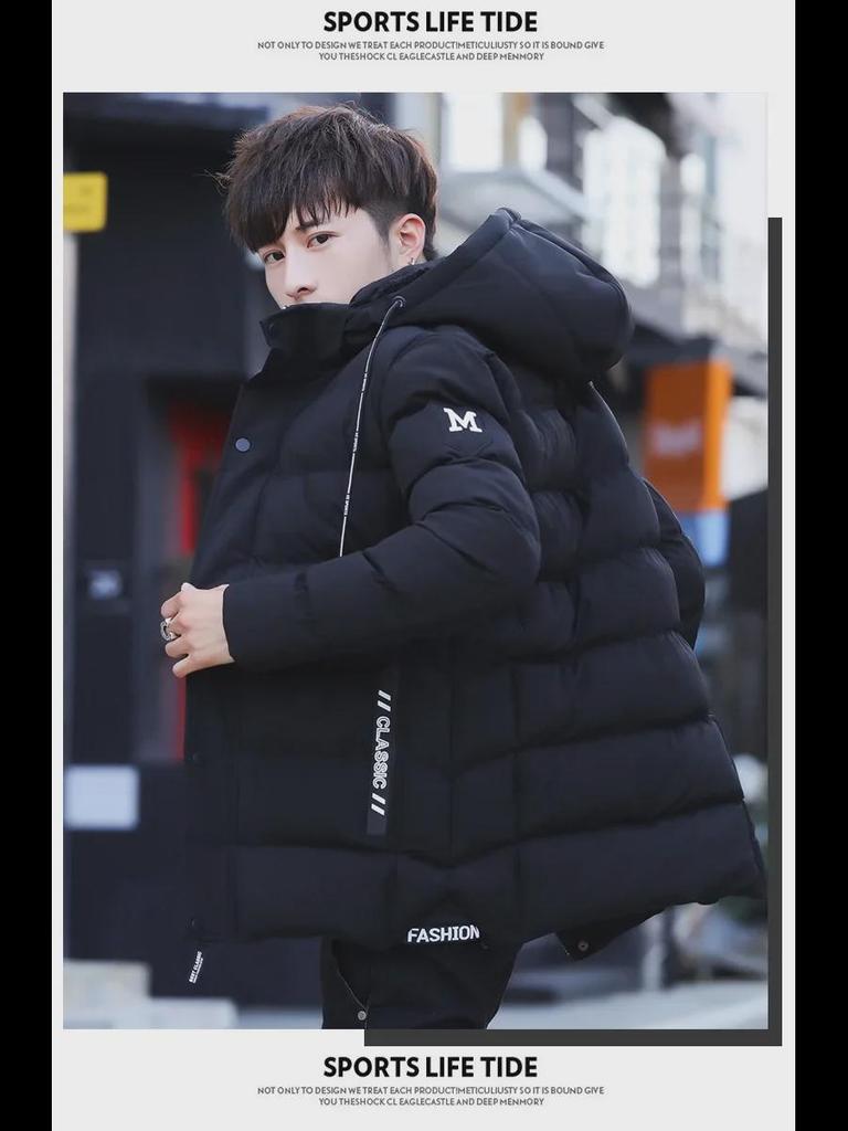 618 Men's Mid-Length Hooded Winter Jacket - Warm, Thick Plush Cotton-Padded with Ribbed M-Shaped Design