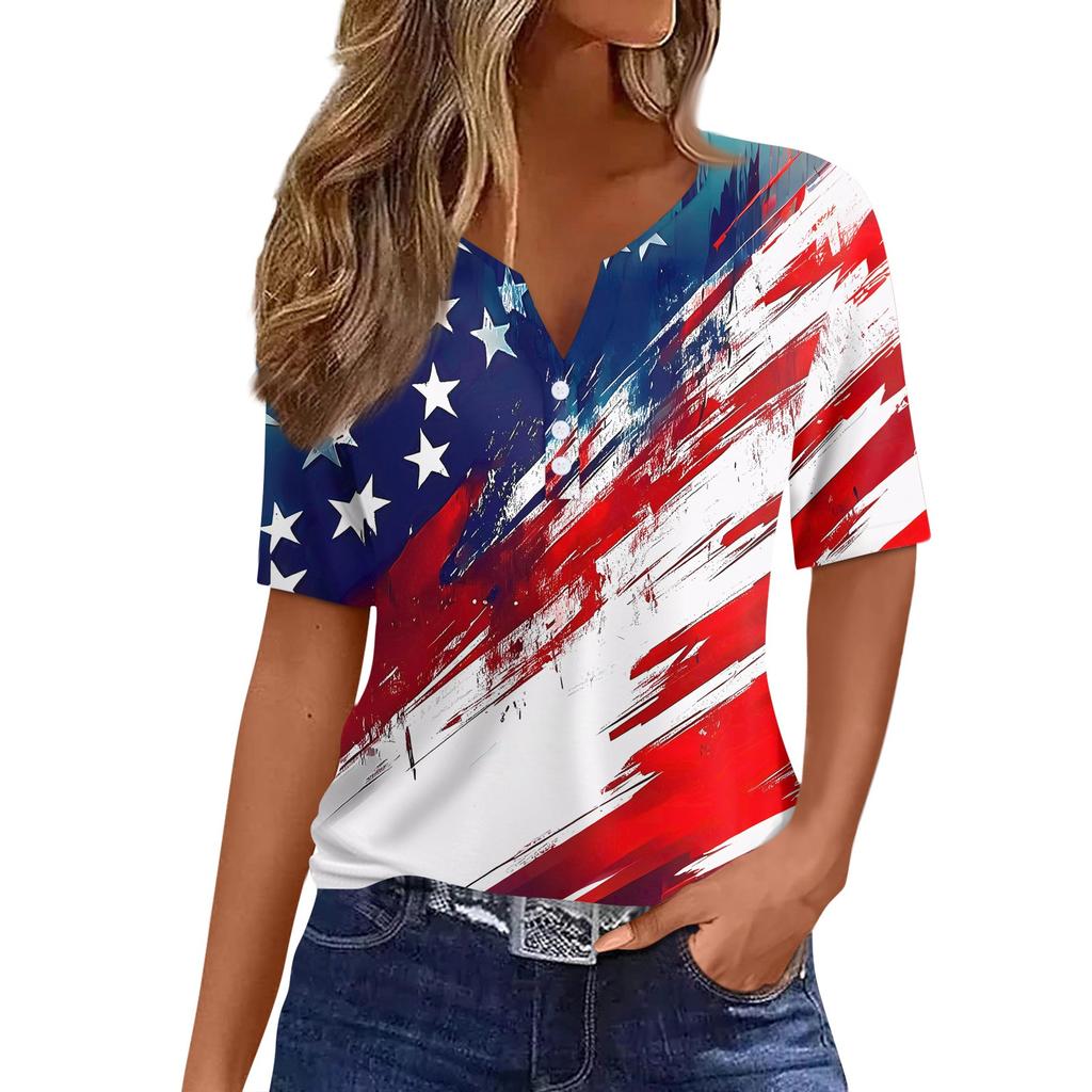 Damska koszulka z nadrukiem na Dzień Niepodległości, z krótkim rękawem, z guzikami, na co dzień, na weekend, w modnym, prostym kroju, z dekoltem w serek, regularna