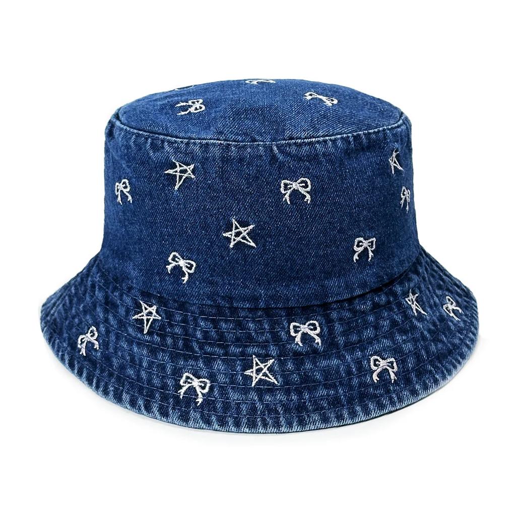 Korean Bow & Star Embroidered Denim Fisherman Hat, Sun Protection Hat, Washed Cotton