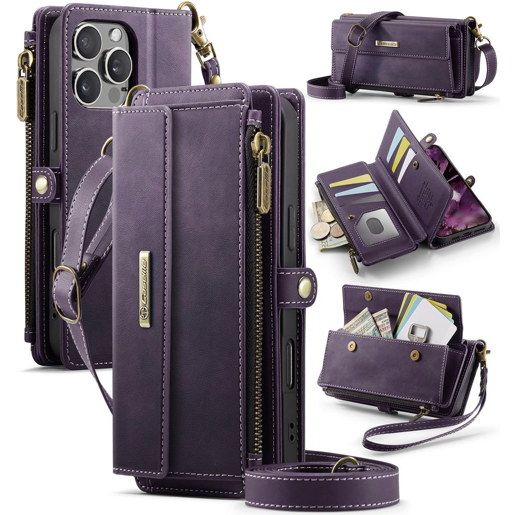 For iPhone 16 Pro CASEME Case C39 RFID Blocking Zipper Wallet Stand Leather Cover with Strap
