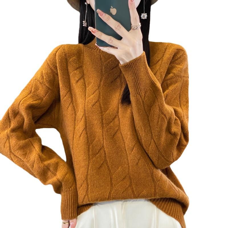 2024 Autumn/Winter Women's Half-High Neck Wool Sweater - Loose Knit Thickened Cable Base Layer