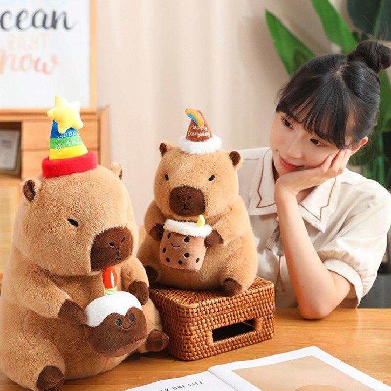 Happy Capybara Birthday Plush Toy Doll Pillow Milk Tea Cake Decoration Flower