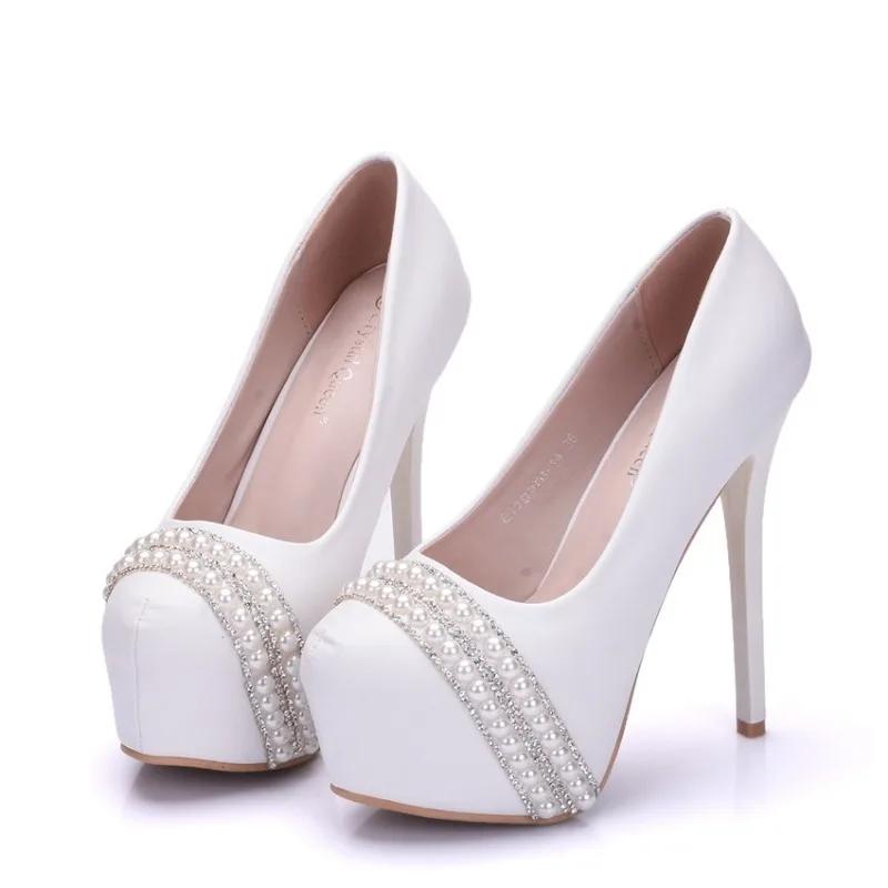 Women Pumps Pointed Toe String Bead Slip-On PU 14CM Thin Heels Party Prom Mature Banquet Wedding Shoes Sexy Ladies Party Shoes