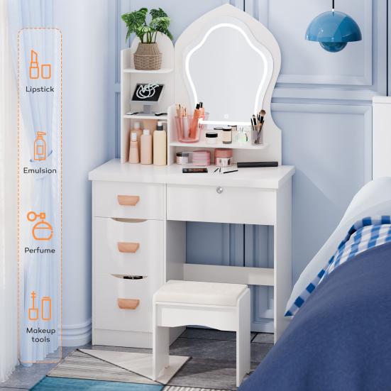 Makeup Vanity Desk with LED Lighted Crown-shaped Mirror, Vanity Table with 4 Drawers and Opening Shelves, Bedroom Dressing Table with