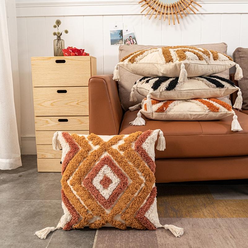 Boho Style Diamond Tufted Backrest Cushion for Case Pillowcase Handmade Throw Pillow Covers for Home Decorative