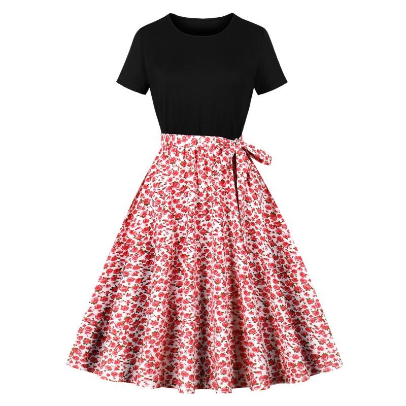 Summer New Retro Women's Crew Neck Short Sleeve Black Patchwork Printing Pendulum Dress