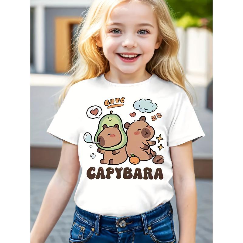 European sizes Cute Capybara T-Shirt Soft Knit Top with Capybara & Hearts Light Green Casual Everyday Shirt for Spring Summer Fall