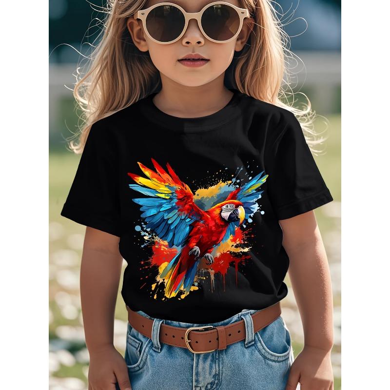 Children Crew Neck Short Sleeve T-Shirt with Watercolor Parrot Print