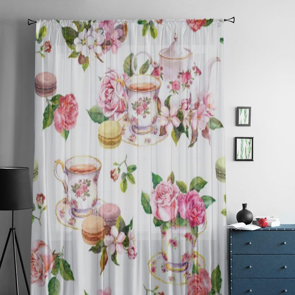 Watercolor Macaroons Rose Blossom Cherry Cakes Teacup Sheer Curtains Living Room Tulle Window Curtain Bedroom Kitchen Drapes