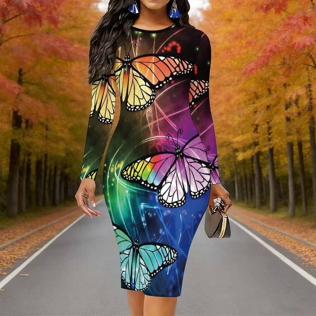 Plus Size Women Long Sleeve Round Neck Midi Dress Blue Tone Rose And Butterfly Print Fitted Bodycon Dress