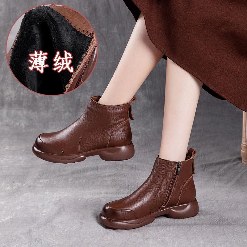 Leather retro style thick low heel mother short boots autumn and winter new versatile round head warm comfortable simple Martin boots women