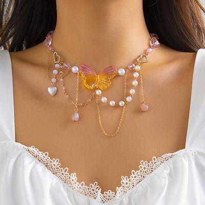 Sweet Girls Y2K Fashion 2000s Aesthetic Necklaces Acrylic Butterfly Imitation Pearl Beaded Tassel Pendant Necklace Chains Chokers Jewelry