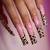 24Pcs Long Square Press On Nails Leopard Print French 3D Cherry Design False Nail Rhinestone Wearable Full Cover Fake Nails Tips