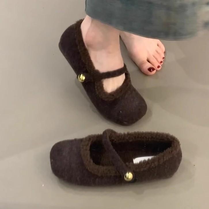 Xiaoxiangfeng Fluffy Shoes Women's Flat-bottomed Cotton Slippers Autumn and Winter Outer Wear Design Sense Soft-soled Mary Jane Velvet Single Shoes