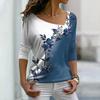 2025 Summer Flower Print Long Sleeve T-shirt Fashion Spring Skew Collar Casual Tees Elegant Office Ladies Women's Clothing 30577