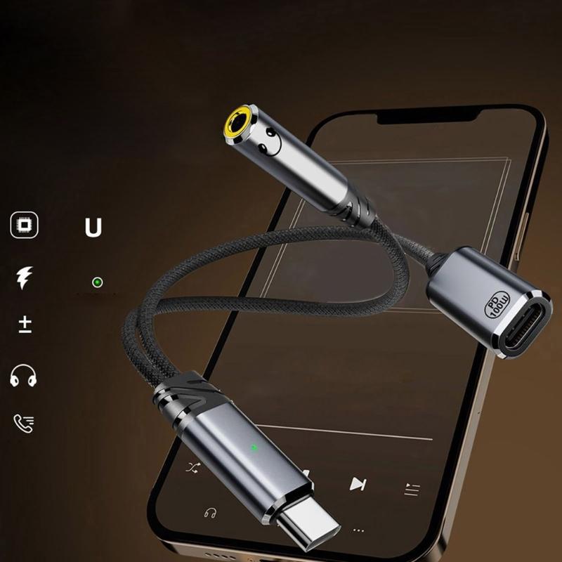 Type C  To 3.5mm Headphone Adapter Charger with PD100W Fast Charging 3.5mm Headsets Converter 2 In 1 FOR Clear Music
