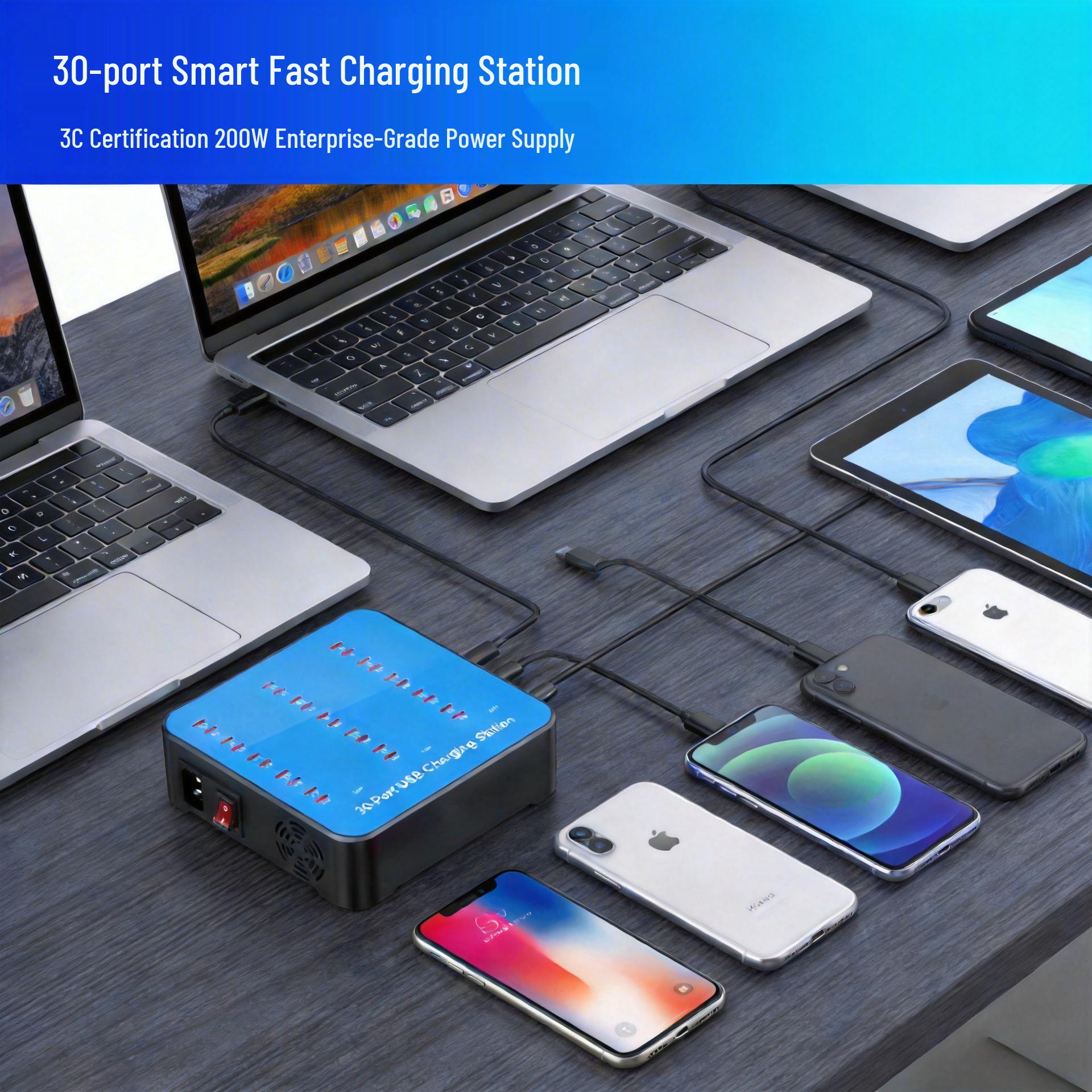 

30-Port USB-C Charger: Multi-Device Compatible with Android, Huawei, Apple, Samsung Phones - 3C Certified EU Plug синий